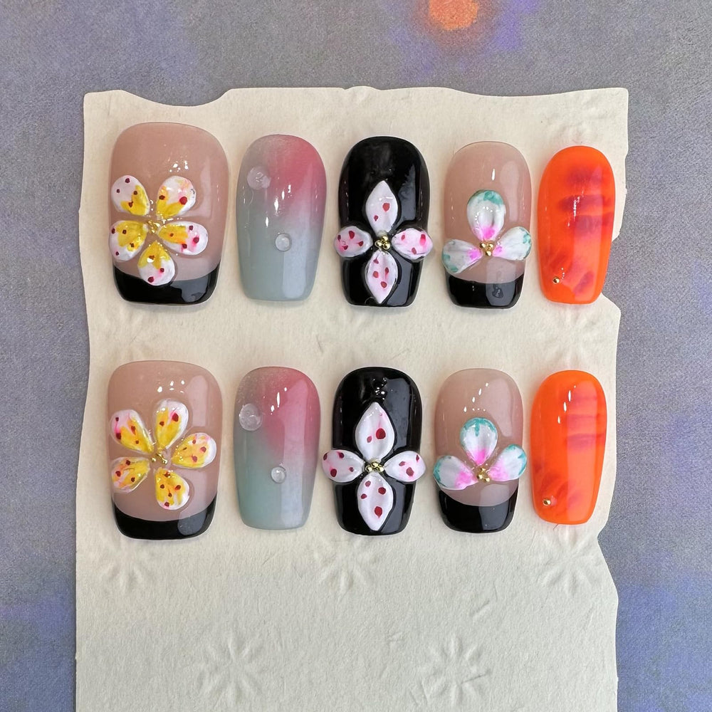 BRKYKGK press-on nails square medium with 3D floral design for chic look