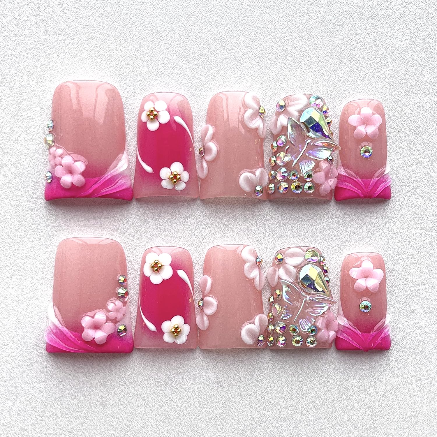 BRKYKGK press-on nails with butterfly rhinestones for festive looks