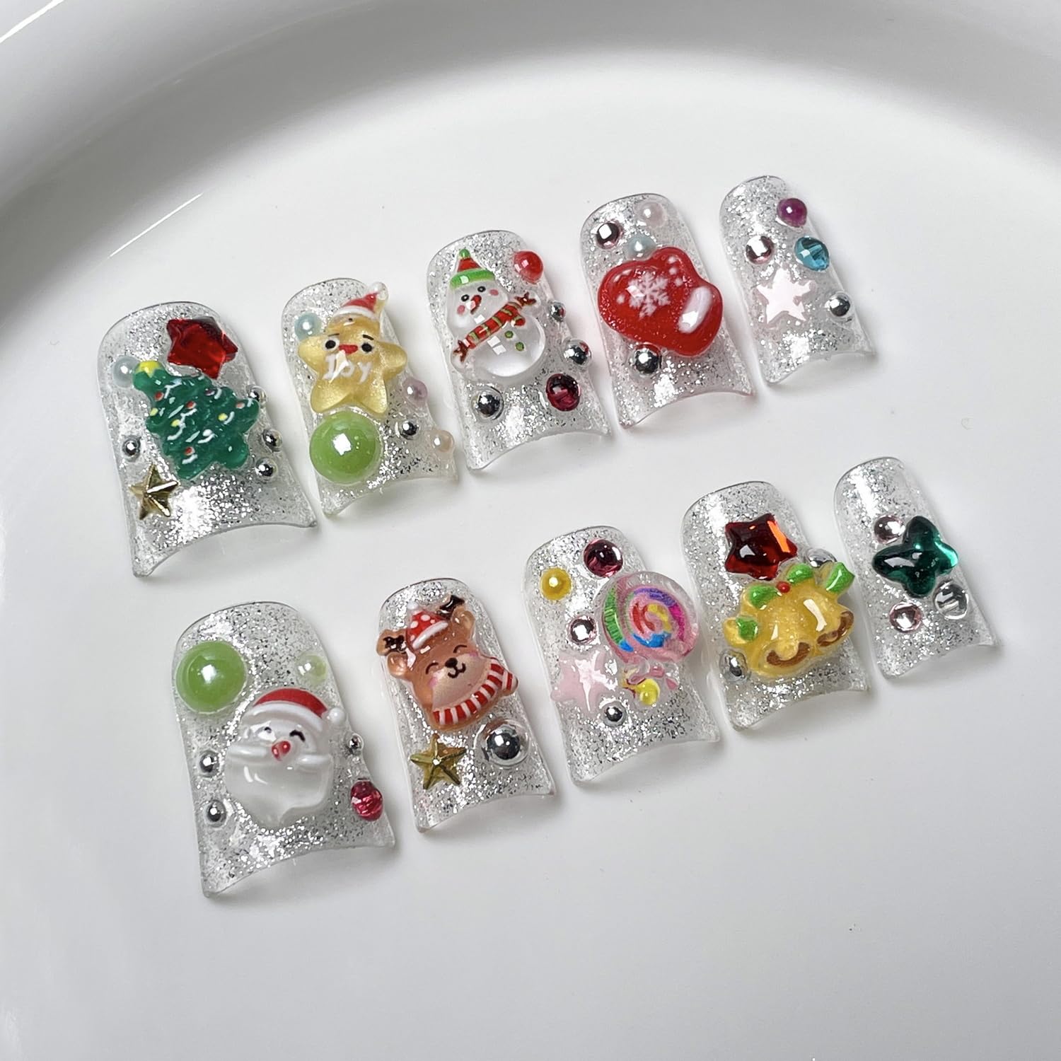 BRKYKGK Christmas press-on nails with short duck design for quick holiday glam.
