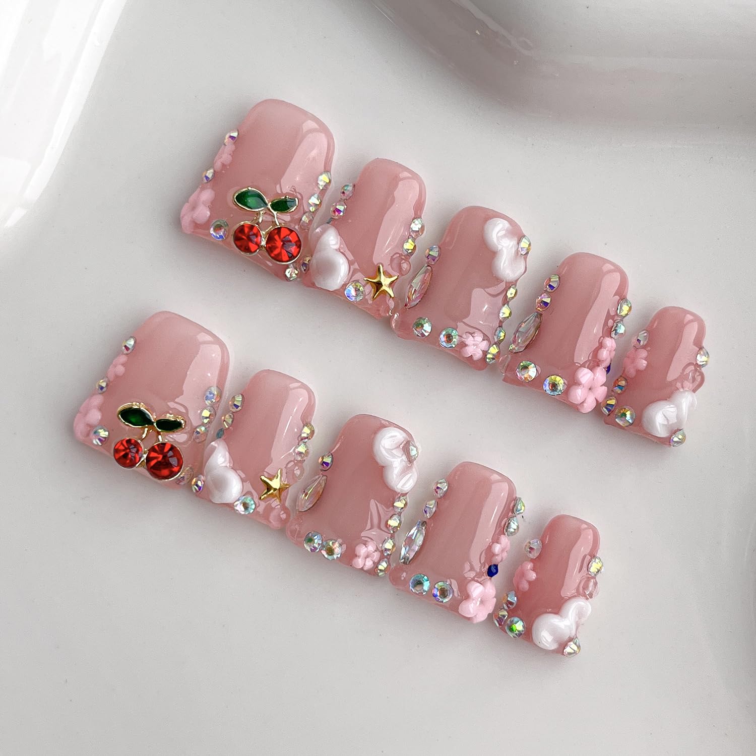 BRKYKGK floral design false nails with rhinestones for party-ready style