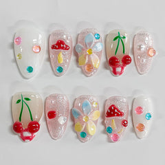 BRKYKGK handmade nails almond medium with 3D floral French tip for chic daily wear