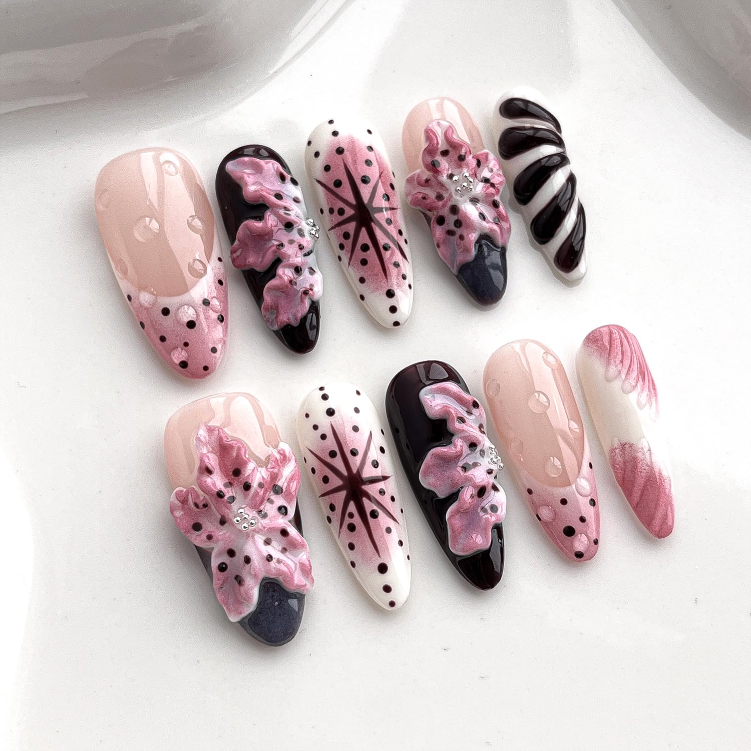 BRKYKGK almond press-on nails with 3D floral pink-red design for quick glam