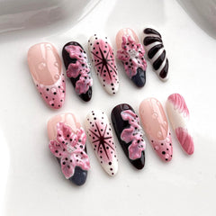 BRKYKGK almond press-on nails with 3D floral pink-red design for quick glam