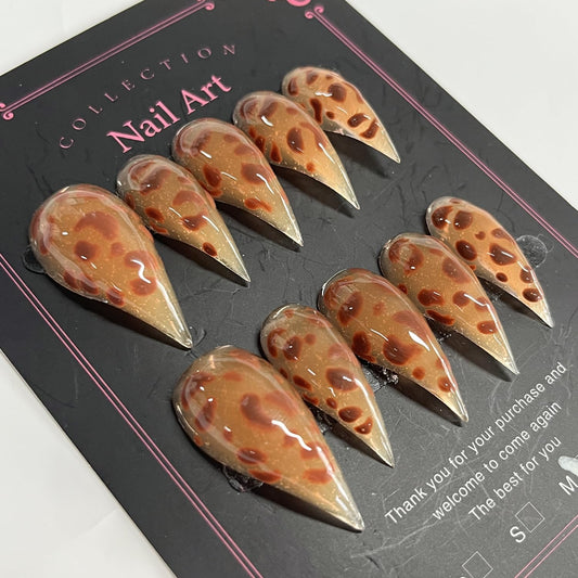 BRKYKGK handmade press-on nails with medium stiletto and brown leopard print for chic daily wear.
