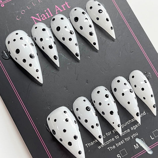BRKYKGK glossy black-white nails with polka dots for a bold, durable finish