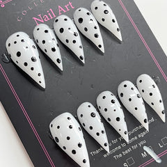 BRKYKGK glossy black-white nails with polka dots for a bold, durable finish