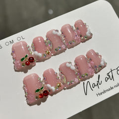 BRKYKGK nude pink 3D floral nails with cherry rhinestones for chic look