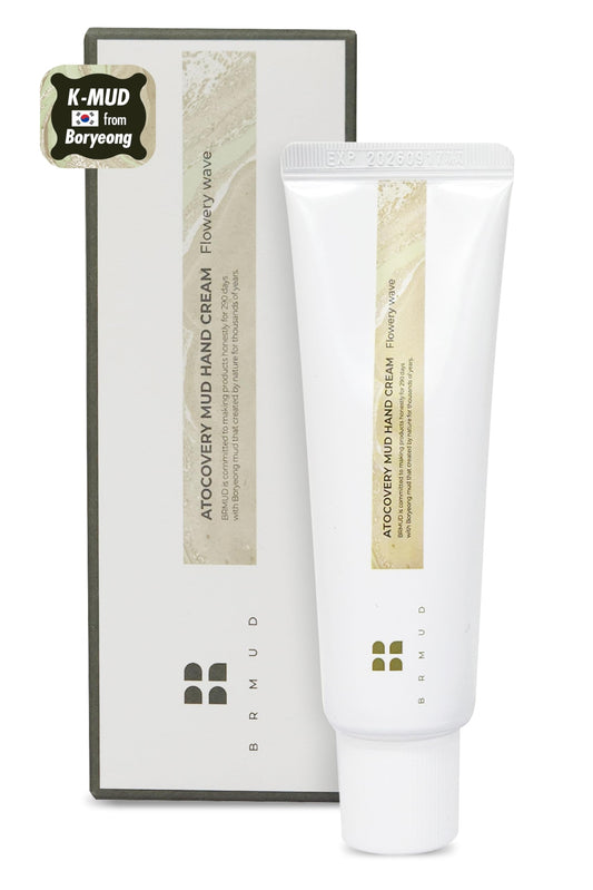 BRMUD Atocovery Mud Hand Cream Flowery Wave bottle with floral musk scent for daily moisture.