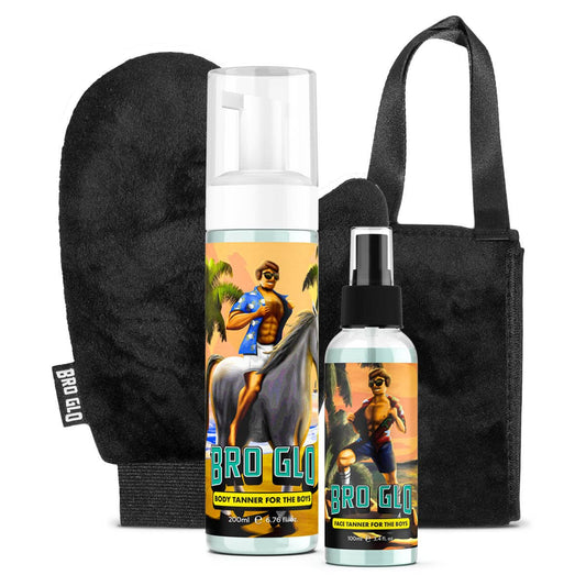 Bro Glo self-tanner bottle demonstrates quick-dry, natural bronze for face and body.