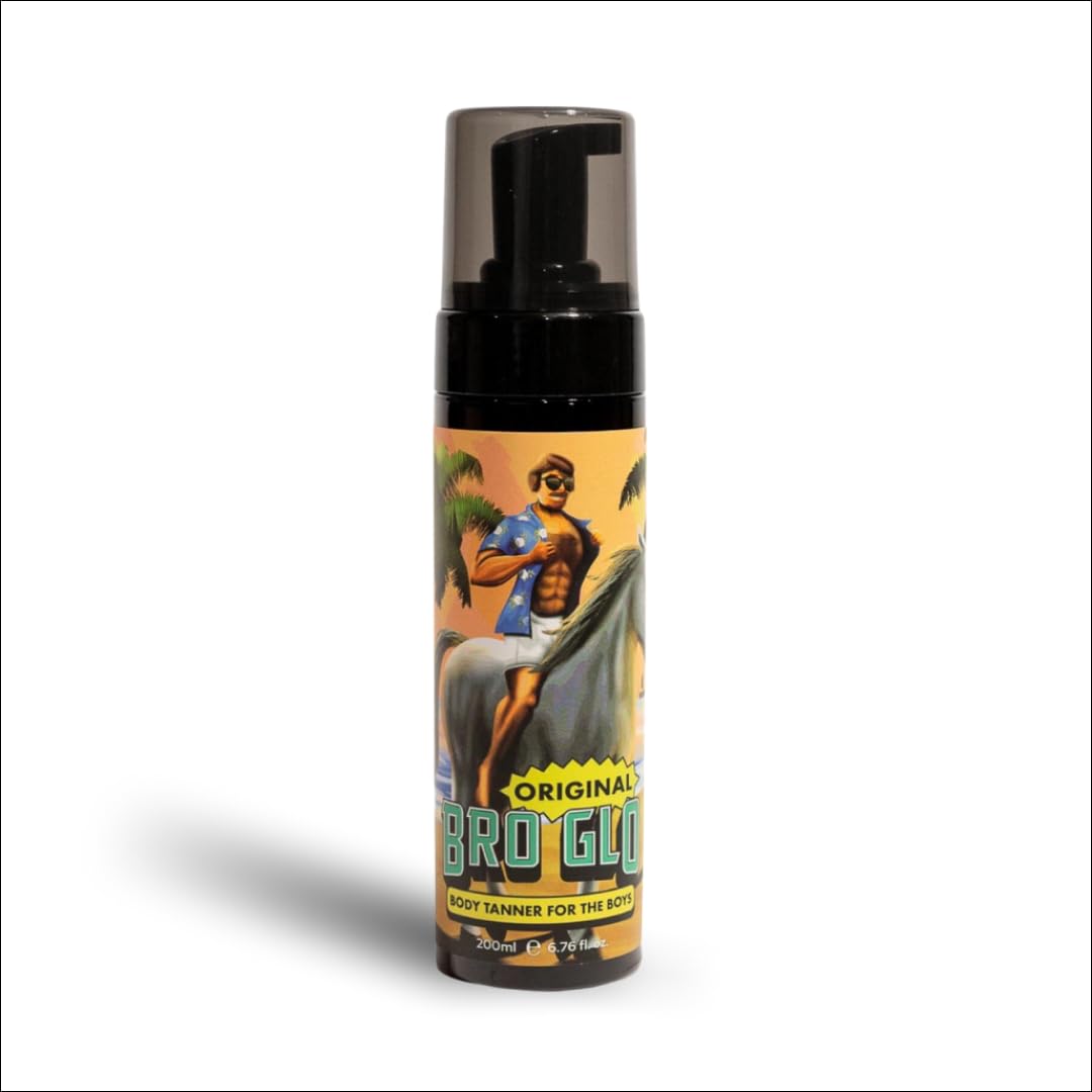 Bro Glo self tanner foam applying for even, natural-looking glow on face and body.