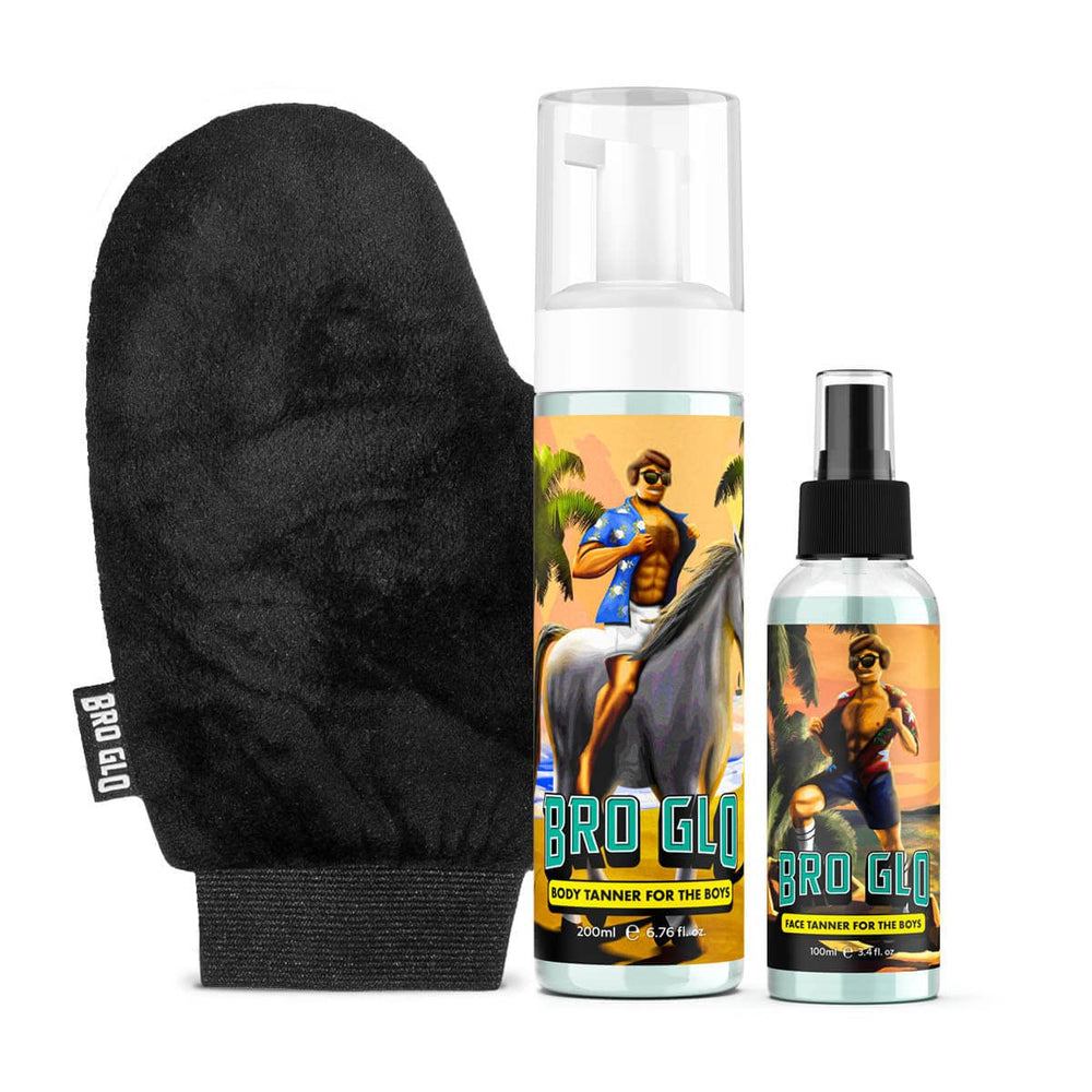 Bro Glo self-tanner starter bundle with mitt for even facial and body glow.