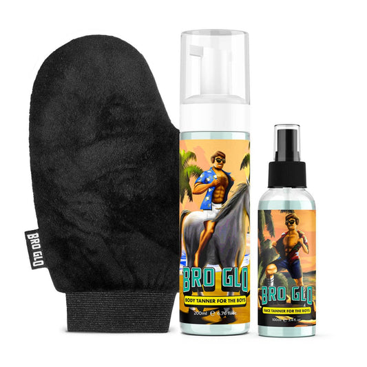 Bro Glo self-tanner starter bundle with mitt for even facial and body glow.