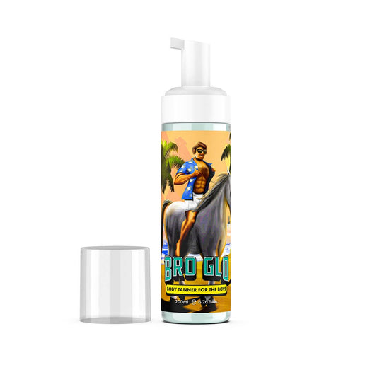 Bro Glo water-based tanner; lightweight, fast-drying formula for comfortable daily use.