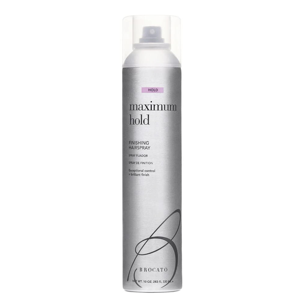 Brocato Maximum Hold finishing hairspray can for all-day hold and a radiant finish.