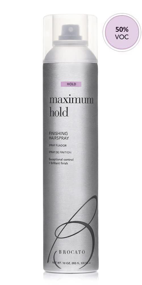 Brocato Maximum Hold spray applied at 12 inches for strong, even hold.