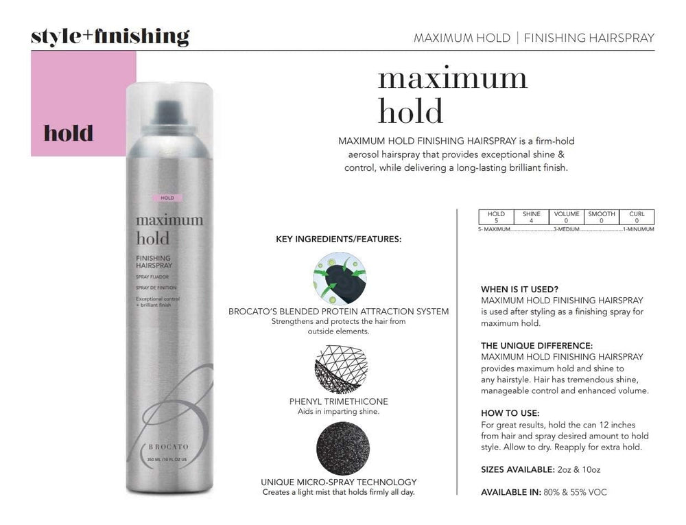 Brocato Maximum Hold spray provides shine and volume for lively, salon-worthy looks.