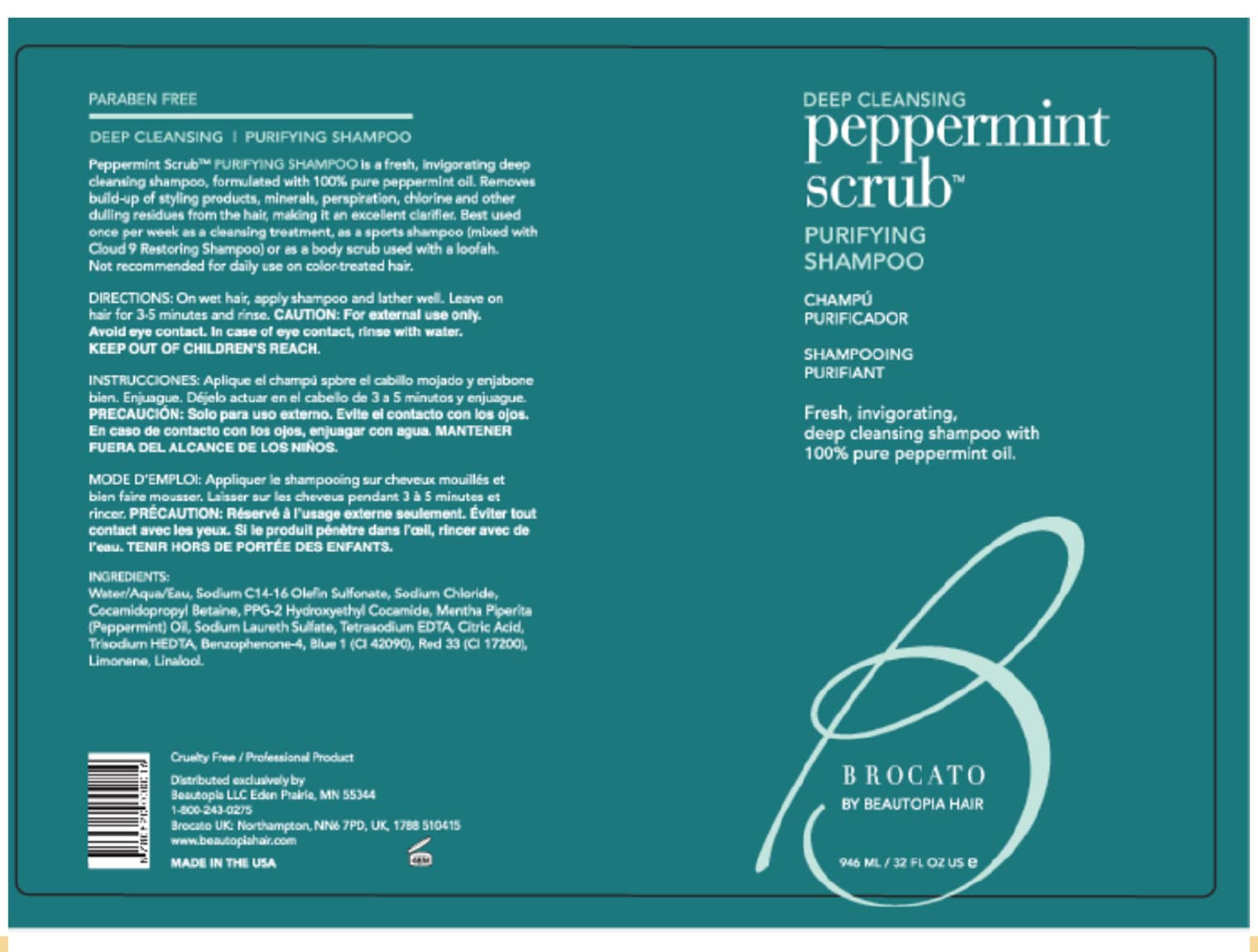 Brocato Peppermint Scrub Purifying Shampoo bottle back label highlights clarifying formula