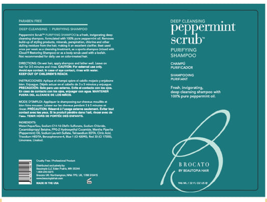 Brocato Peppermint Scrub Purifying Shampoo bottle back label highlights clarifying formula