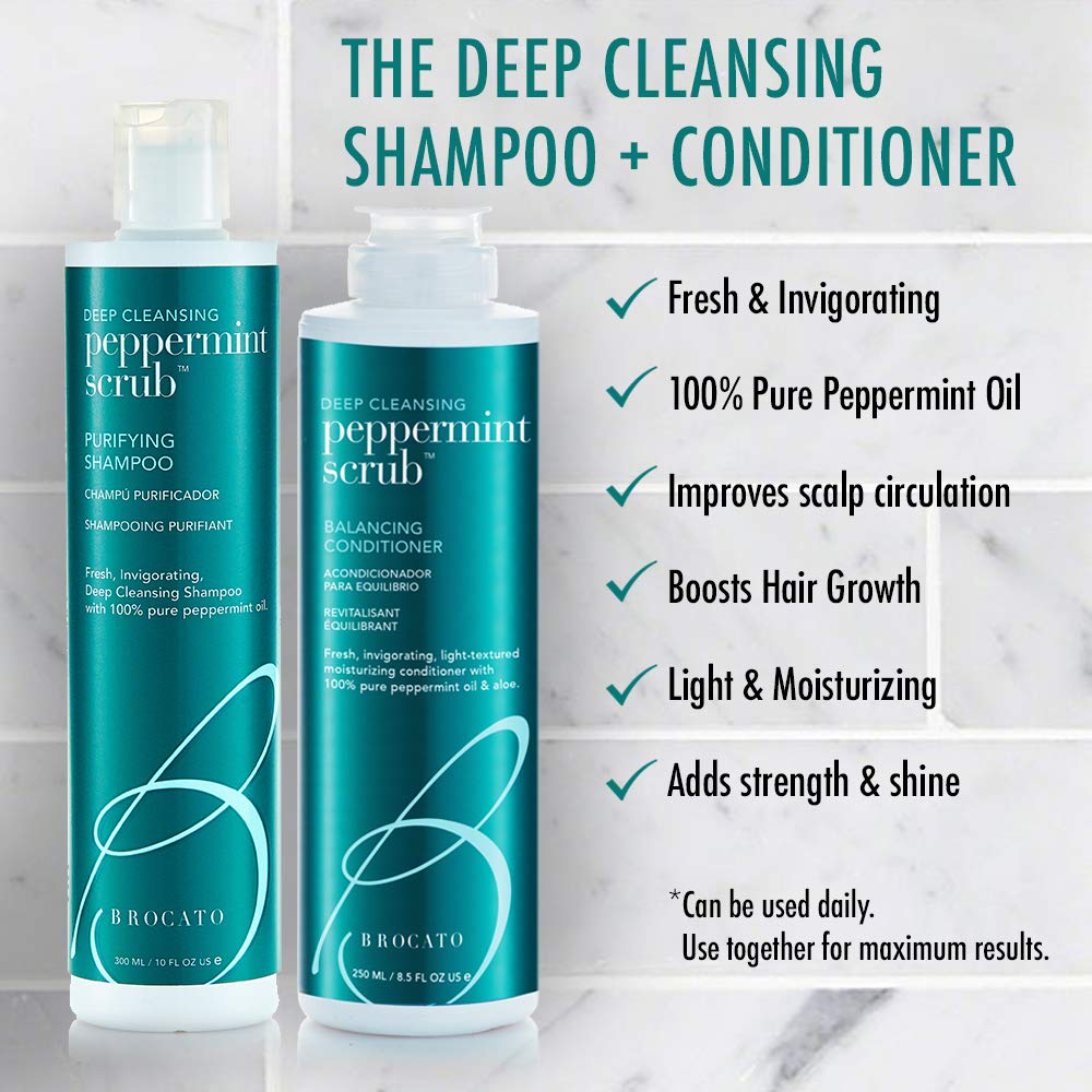 Brocato Peppermint Scrub Purifying Shampoo packaging close-up with 10 oz label