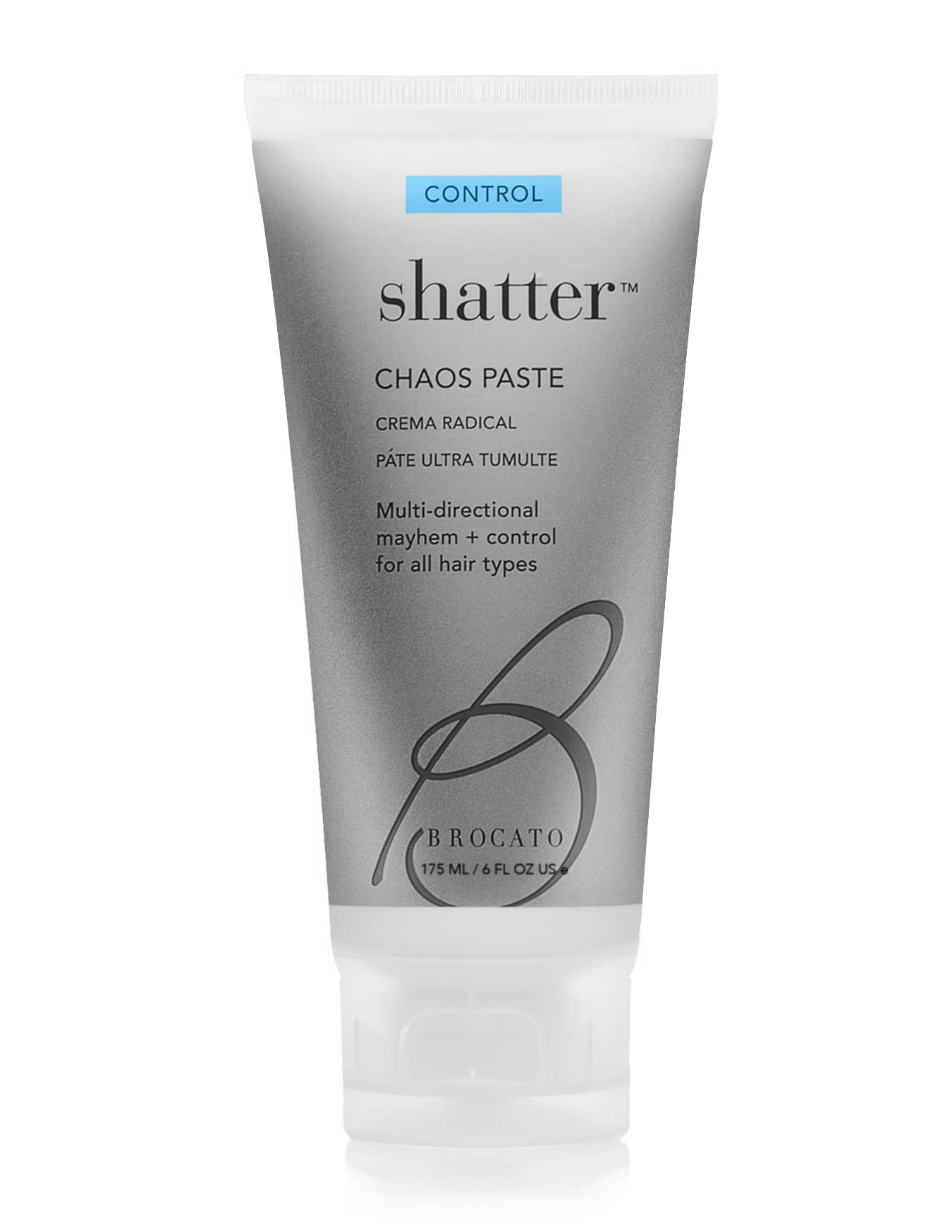 Brocato Shatter Chaos Paste bottle for versatile styling on all hair types.