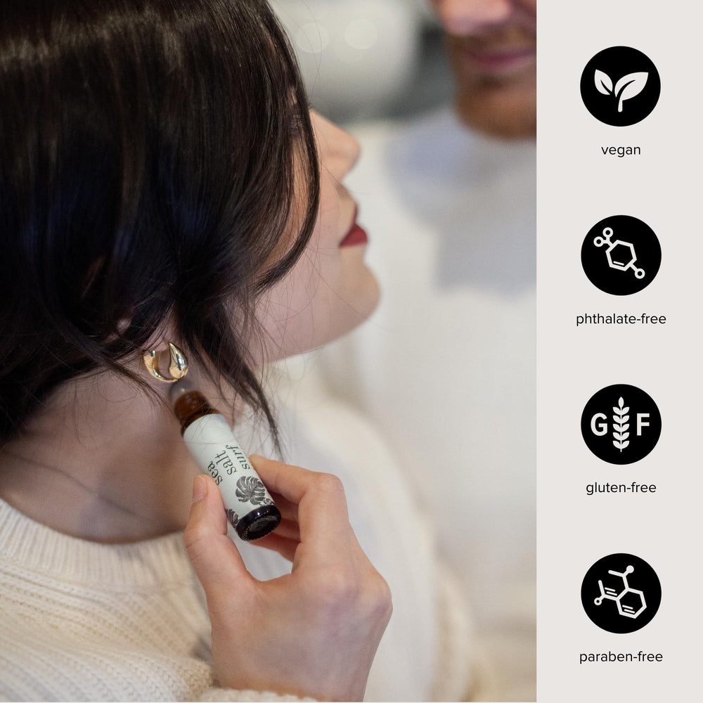 Broken Top Roll-On Perfume natural ingredients banner emphasizing vegan, paraben-free formula.