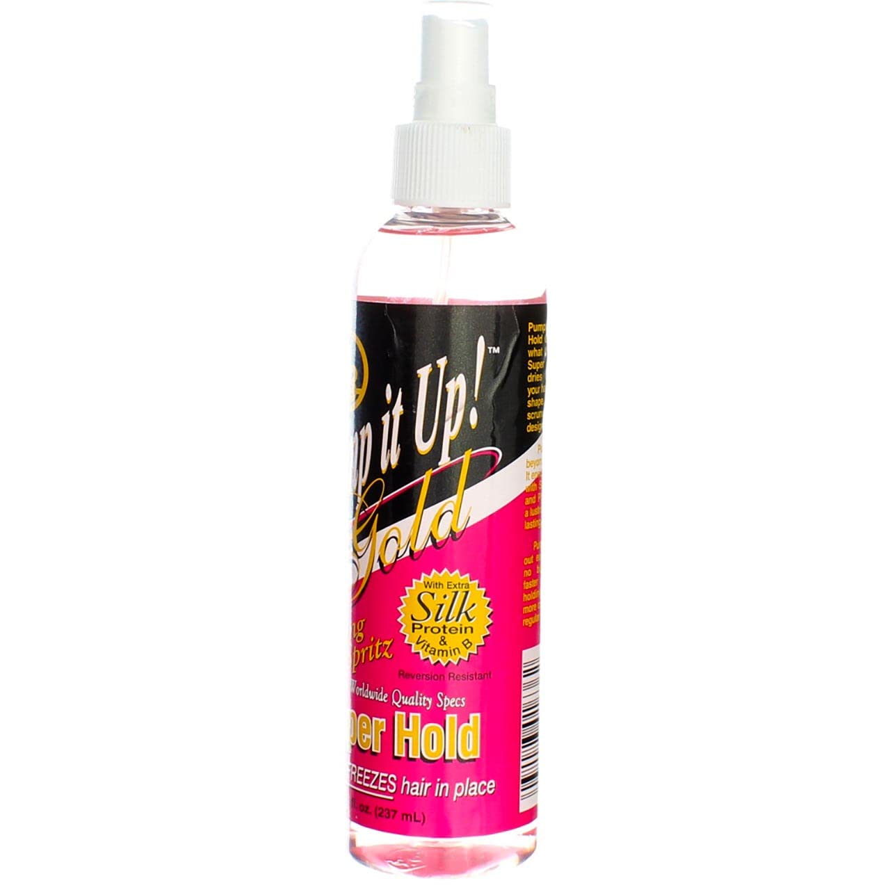 Bronner Brothers Pump It Up Spritz Gold spray bottle ideal for busy mornings.