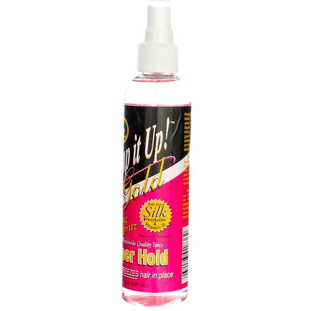 Bronner Brothers Pump It Up Spritz Gold spray bottle ideal for busy mornings.