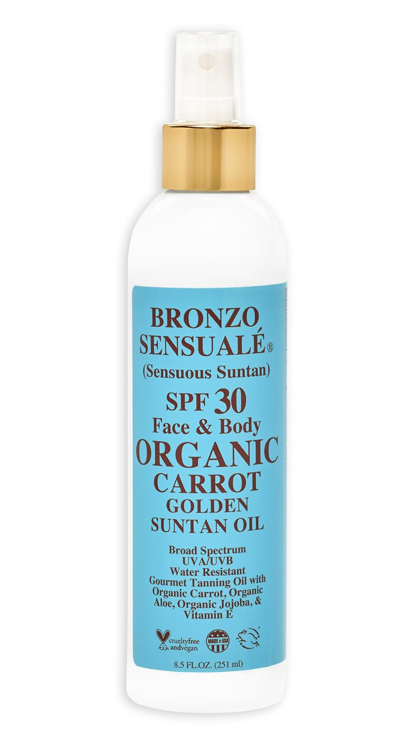 Bronzo Sensuale bottle with golden tanning oil for sun-kissed skin.