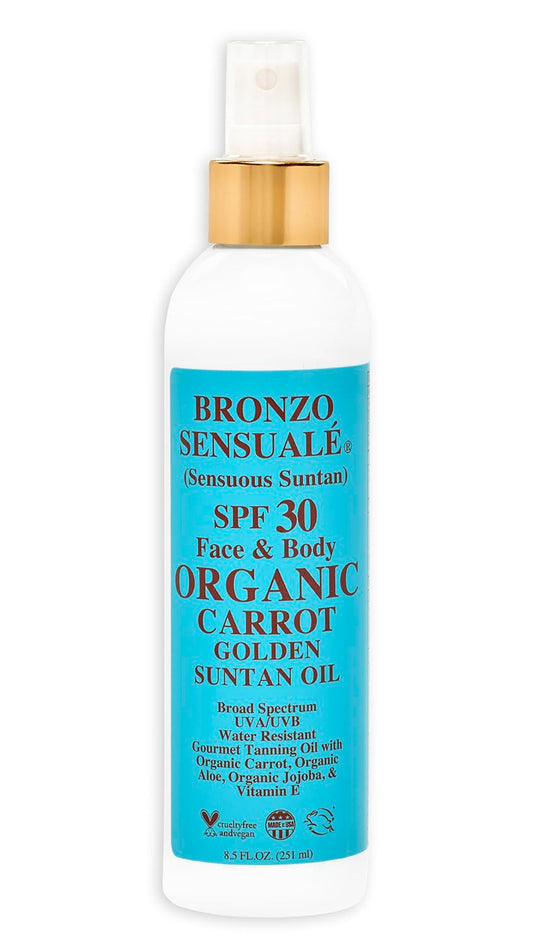 Bronzo Sensuale bottle with golden tanning oil for sun-kissed skin.