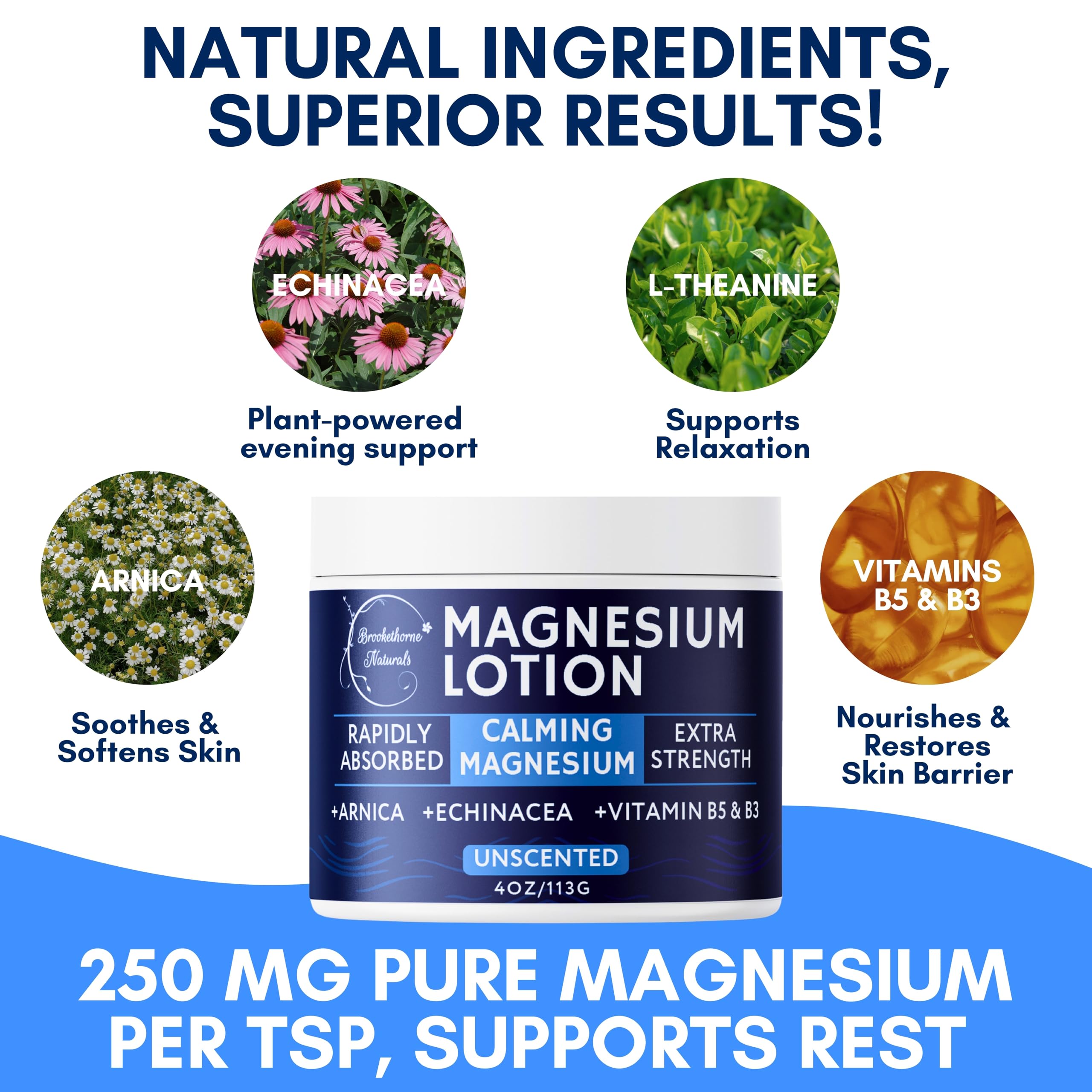 Brookethorne Naturals Calming Magnesium Lotion with Arnica image shows soothing botanical ingredients.