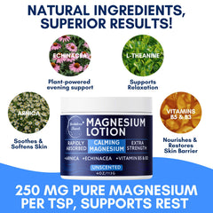 Brookethorne Naturals Calming Magnesium Lotion with Arnica image shows soothing botanical ingredients.