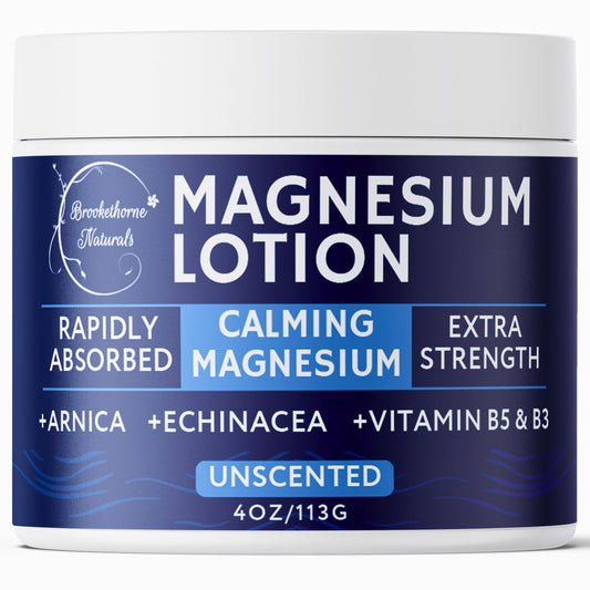 Brookethorne Naturals Calming Magnesium Lotion bottle highlights fragrance-free formula for sensitive skin.