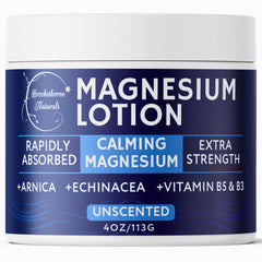 Brookethorne Naturals Calming Magnesium Lotion bottle highlights fragrance-free formula for sensitive skin.