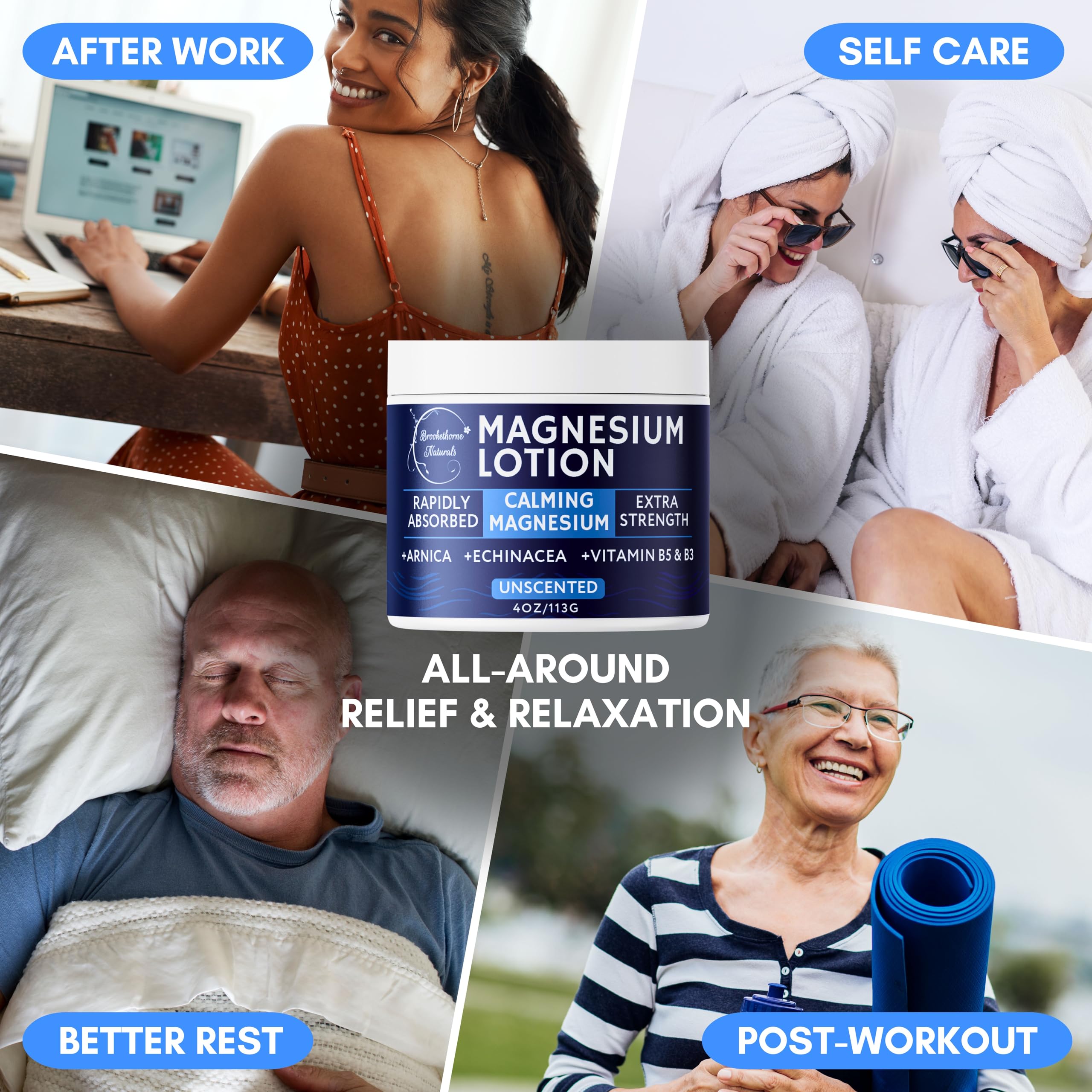 Brookethorne Naturals Calming Magnesium Lotion family-use image suggests gentle daily care for all ages.