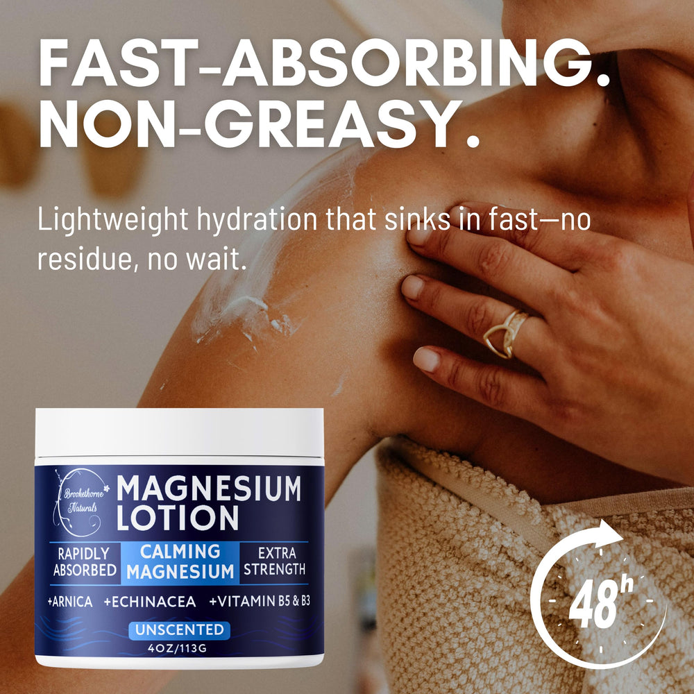 Brookethorne Naturals Calming Magnesium Lotion non-greasy texture image illustrates fast absorption.