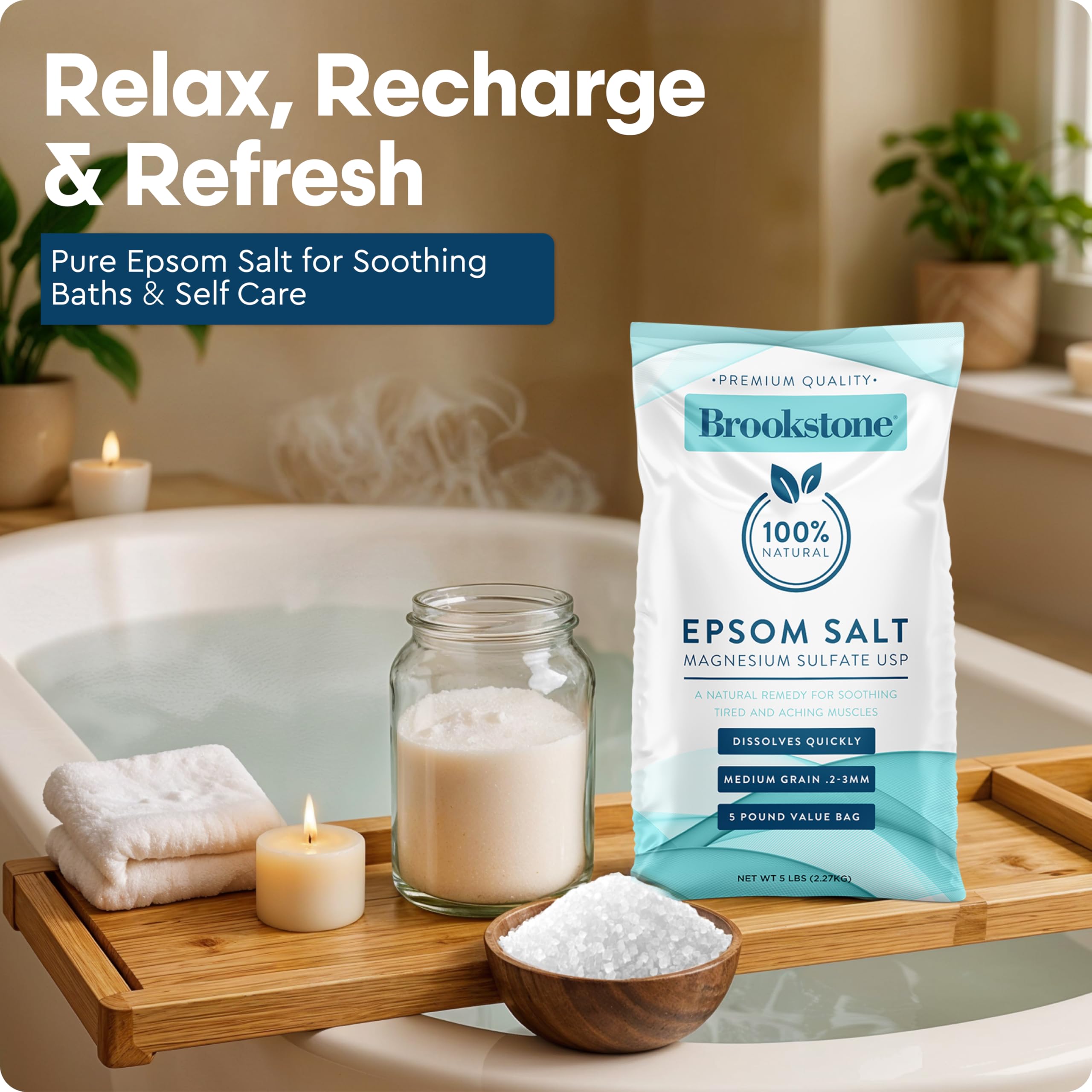 Brookstone Epsom salt dissolving in tub for a soothing bath experience.