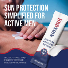 Brotion single-use sunscreen packets showing pre-measured portions for travel.
