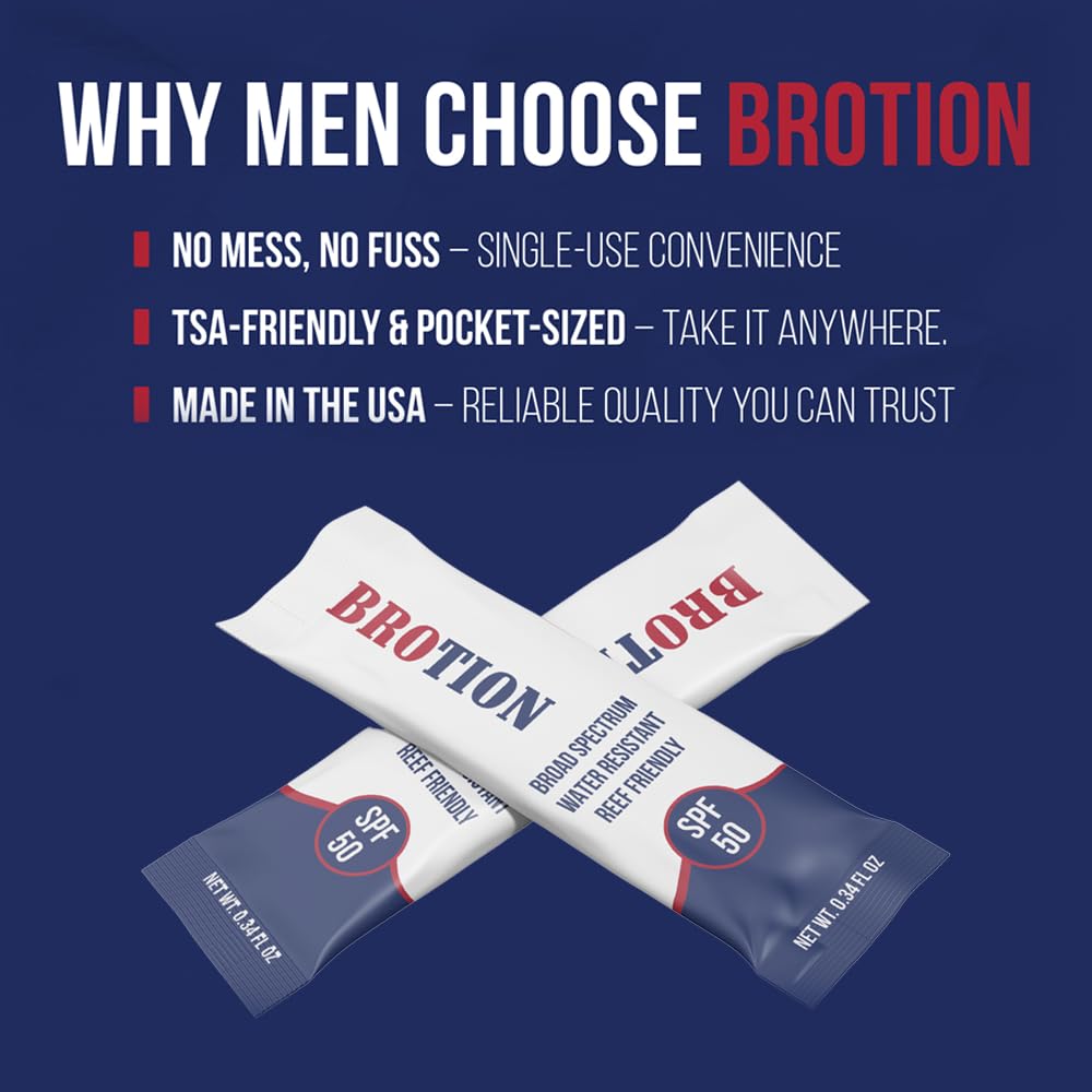 Brotion water-resistant sunscreen sachets ideal for outdoor activities.