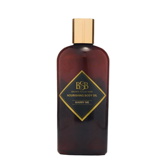 Brown Sugar Babe Marry Me Body Oil bottle shows premium packaging and hydration benefits.