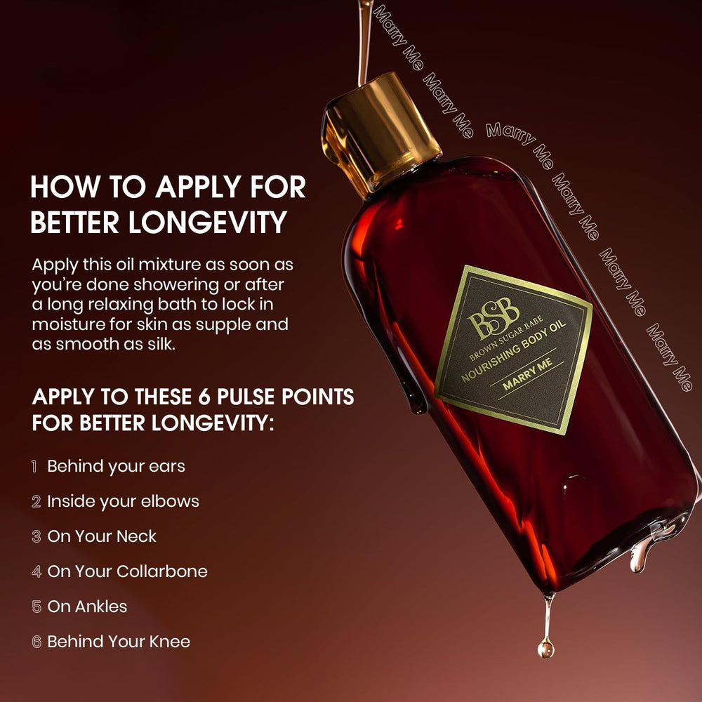 Brown Sugar Babe Marry Me Body Oil close-up highlights golden hue and luxe feel.