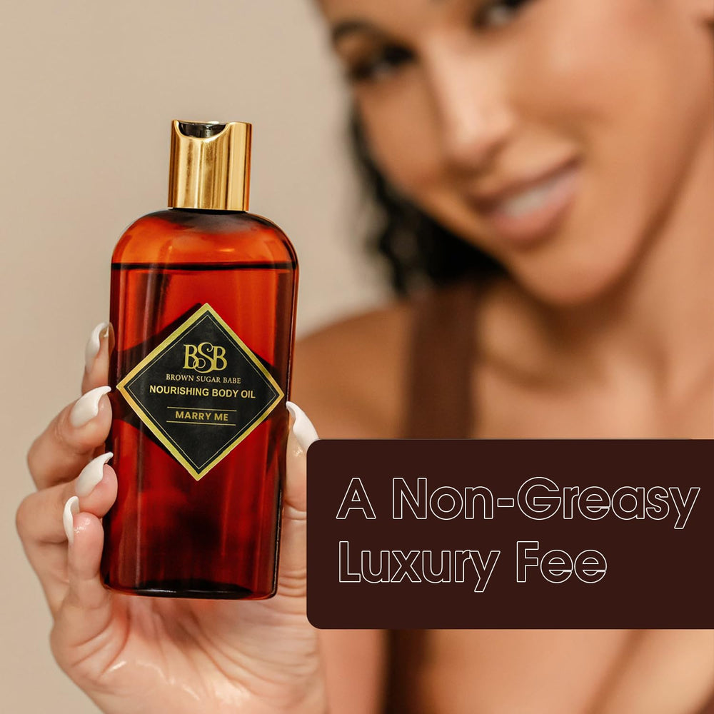 Brown Sugar Babe Marry Me Body Oil floral notes illustration hints at scent depth.