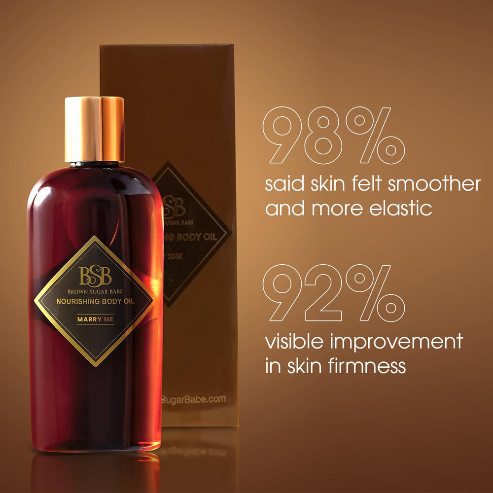 Brown Sugar Babe Marry Me Body Oil embossed label signals premium quality.