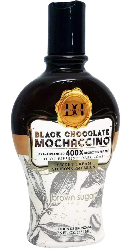 Brown Sugar Black Chocolate Mochaccino 400X bronzer bottle for a luxurious tanning ritual.