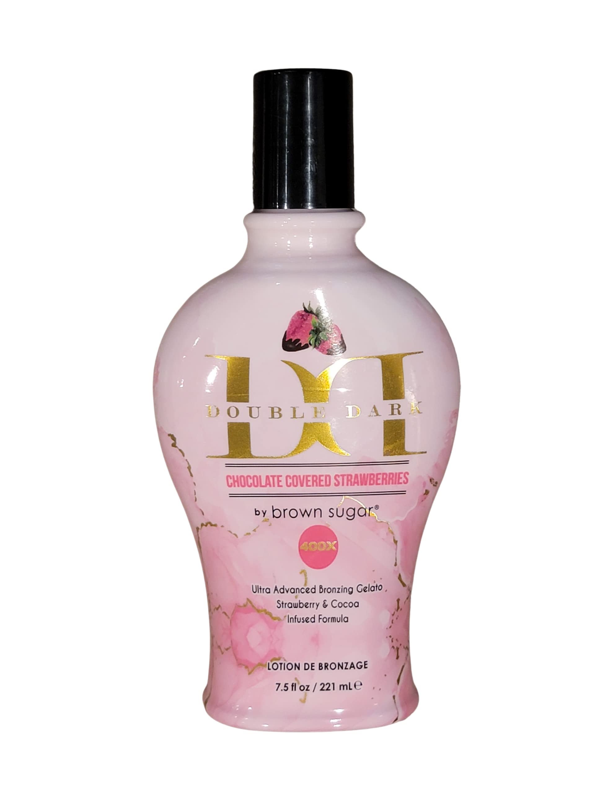 Brown Sugar Double Dark Chocolate Strawberries 400X Bronzing Lotion bottle for deep, even tan
