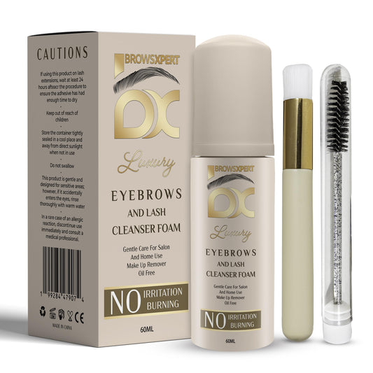 Brows Xpert clarifying brow foam bottle demonstrates gentle prep before tint