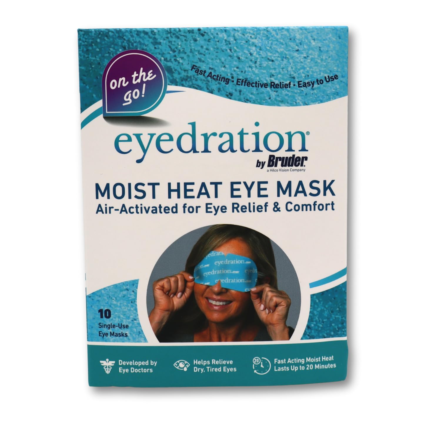 Bruder self-heating eye mask worn over eyes for soothing warmth