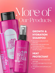 Brujeria pink bottle on vanity showing frizz defense for everyday styling