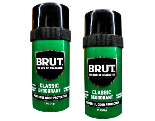 Packaging close-up of BRUT Classic Round Deodorant Stick for on-the-go protection.