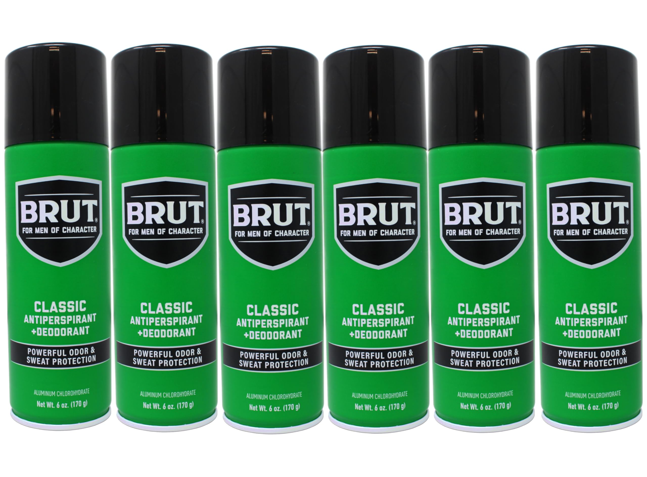 Brut deodorant aerosol bottle shows classic scent for all-day freshness.
