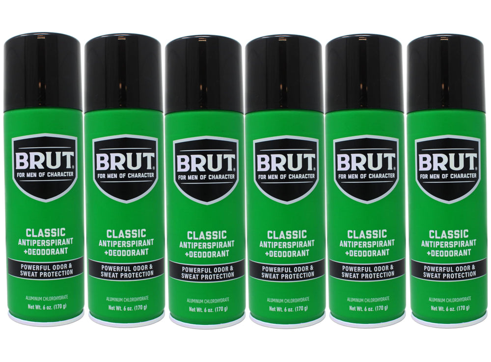 Brut deodorant aerosol bottle shows classic scent for all-day freshness.